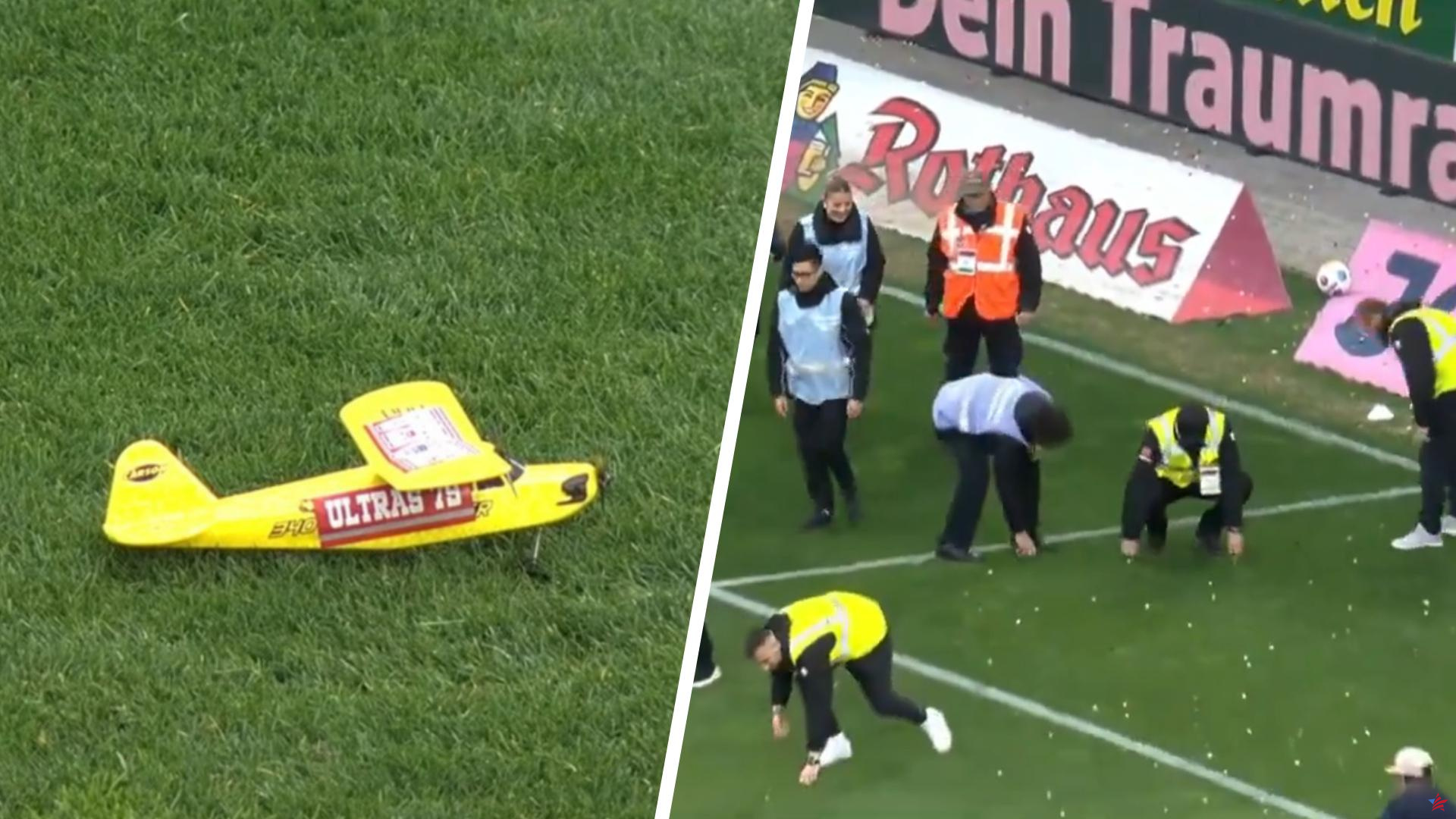 Bundesliga: avión teledirigido y lanzamiento de caramelos, se interrumpe el partido Friburgo-Frankfurt (vídeo)